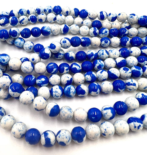 8mm blue rainbow turquoise round beads, 15' strand, blue and white beads, approx 48 beads per strand, jewelry making, round beads,